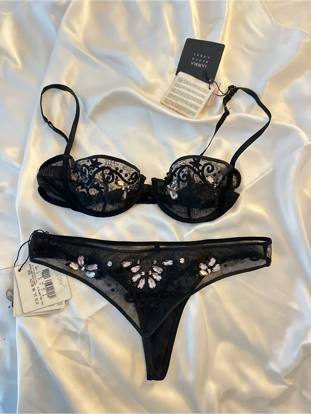 La Perla Black Sheer Lace Bra and Crystal Embellished Thong Set